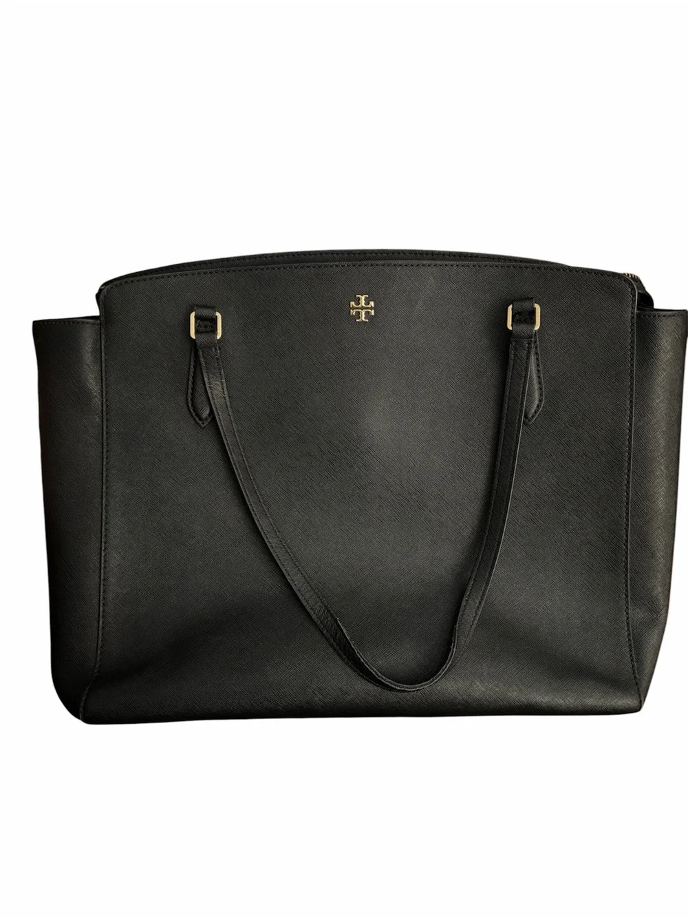Tory Burch Black Leather Saffiano Tote with Gold Logo Emerson